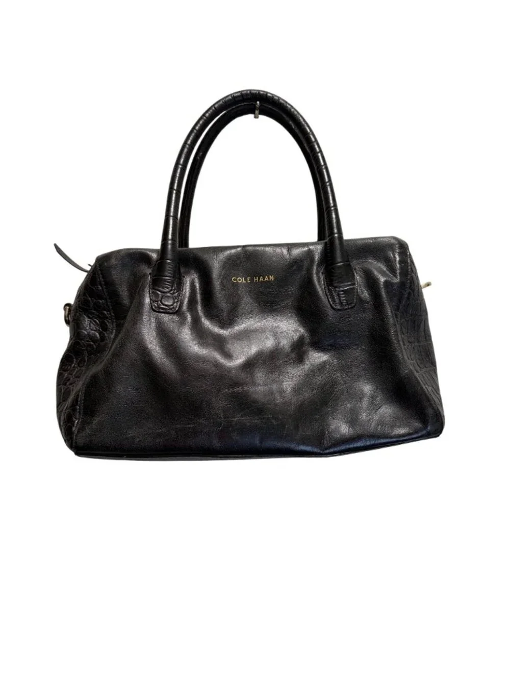 Cole Haan Black Leather Croc-Embossed Satchel Bag With Dual Handles & Zipper Clo